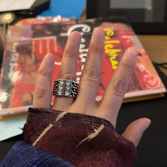 Premier Jewelry sliver ring with chain and diamond accents Sz 7 - Picture 2 of 6